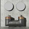 Industrial Style Washbasin with Two Round Mirrors Metal Pipe and Orange Accents