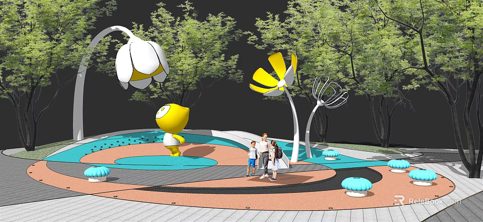 Playground Equipment Featuring Yellow Cartoon Figure Flower Shaped Structures Blue Circular Platform And Trees 3d model 