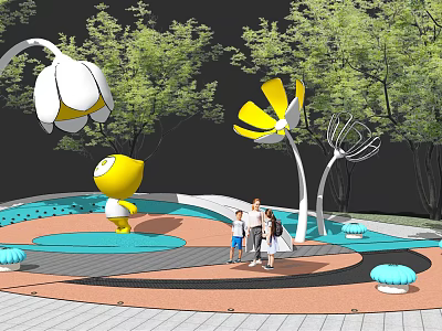 Playground Equipment Featuring Yellow Cartoon Figure Flower Shaped Structures Blue Circular Platform And Trees 3d model