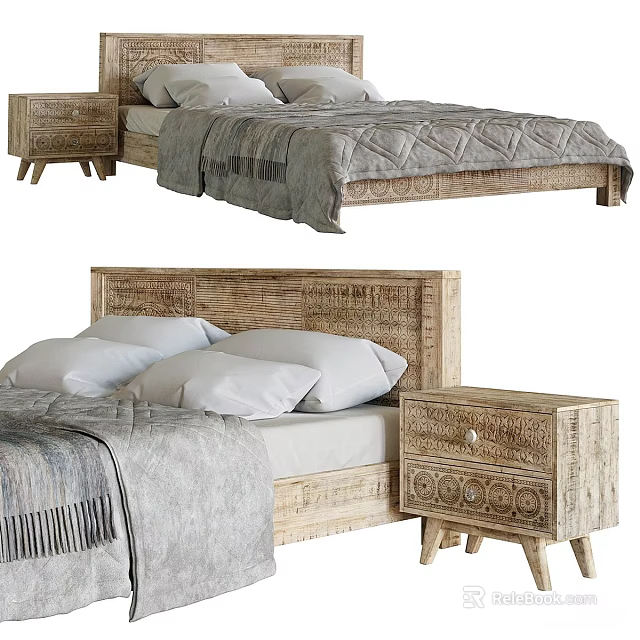Double Bed With Rattan Headboard Gray Bedding And Wooden Nightstand In Bedroom 3d model 