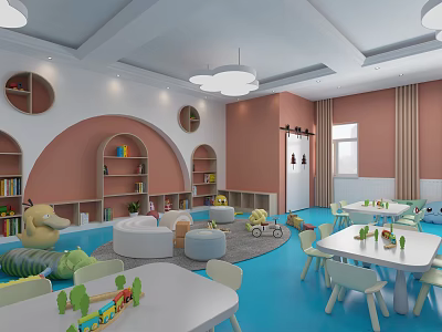 Kindergarten Indoor Environment with Blue Floor White Tables Chairs Circular Bookshelves Toys and Hanging Decorations 3d model