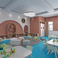 Kindergarten Indoor Environment with Blue Floor White Tables Chairs Circular Bookshelves Toys and Hanging Decorations