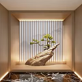 Bonsai Display In Wooden Niche With Slatted Screen Soft Lighting Stone Base And Marble Floor