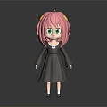 3D Cartoon Character With Pink Hair Green Eyes Gray Dress And Yellow Hair Accessories
