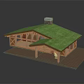 Wooden Frame Building With Green Grass Roof Stone Chimney And Large Windows
