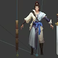 Game Film Character Design In Traditional Costume With Long Hair Blue Sash And Swords