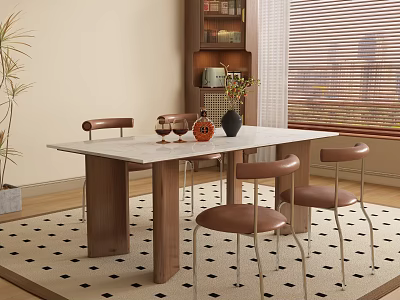 Modern Restaurant Dining Area With Marble Top Table Brown Chairs Palm Plant And Patterned Rug 3d model