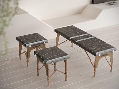Three Modern Stools Set With Textured Marble Top And Brass Metal Legs 3d model