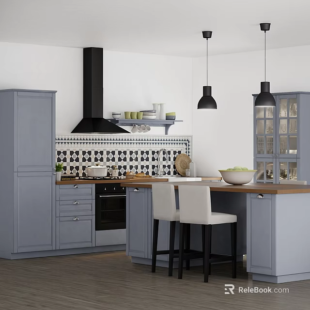 Gray Modern Kitchen Cabinets With Island Pendants Tile Backsplash And Stools 3d model