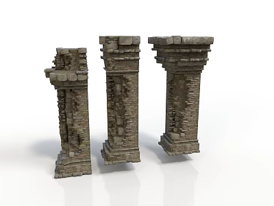 Ancient Weathered Stone Pillars With Intricate Carvings And Architectural Details 3d model