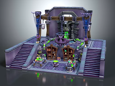 Fantasy Magic Chamber Interior With Central Statue Green Glowing Elements And Purple Decor 3d model