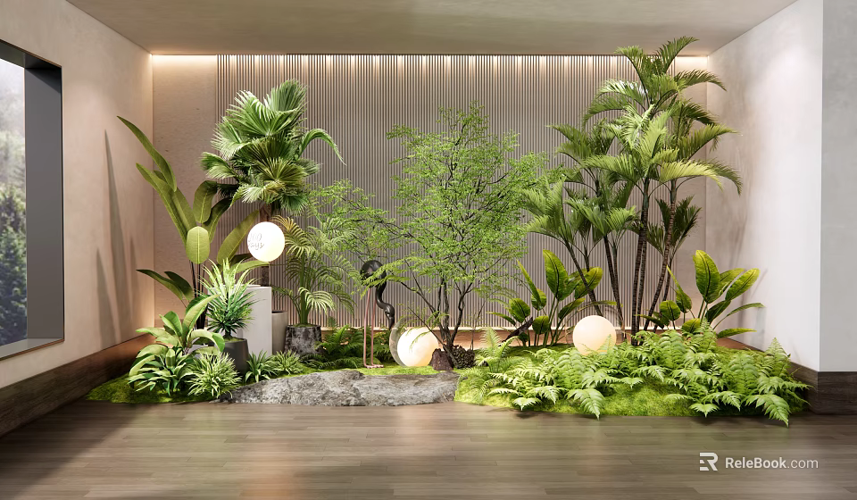Indoor Interior Plant Combination With Various Greens Lights And Stones 3d model 