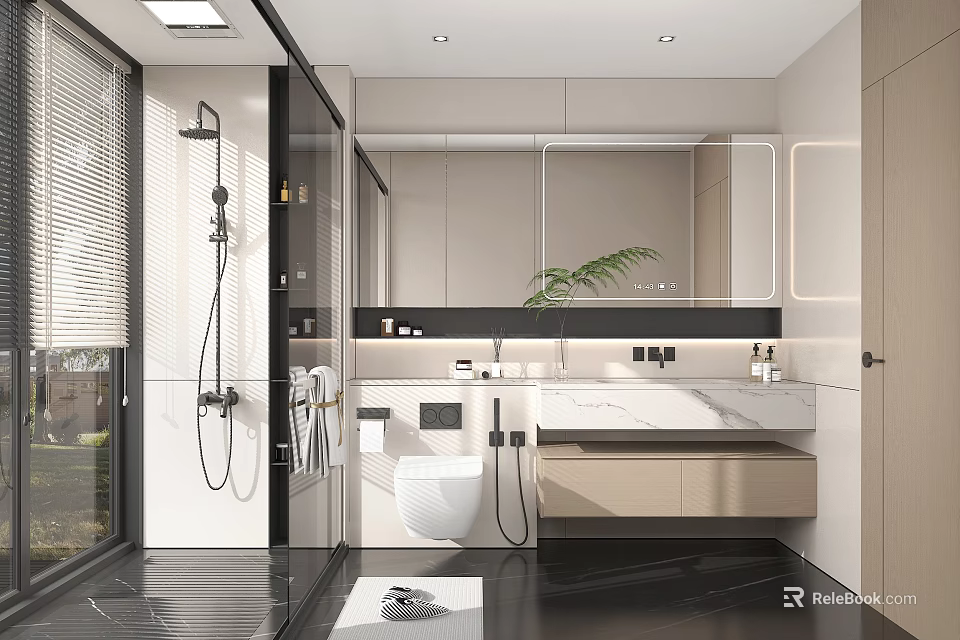 Modern Bathroom Interior Design With Glass Shower White Toilet Marble Countertop And Large Mirror 3d model 