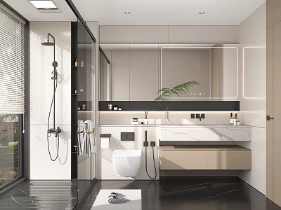 Modern Bathroom Interior Design With Glass Shower White Toilet Marble Countertop And Large Mirror 3d model