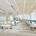 Modern Cafeteria Interior With Long Tables Stools Pendant Lights Windows And Wall Decorations 3d model