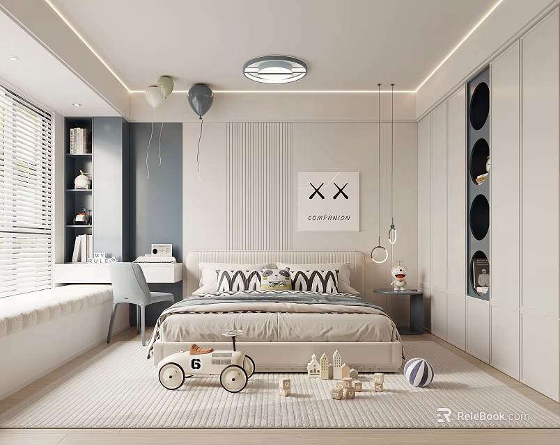 Modern Kids Room Interior With Bed Toy Car Building Blocks Bookshelf And Soft Rug 3d model 