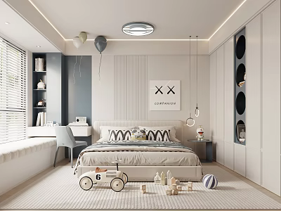 Modern Kids Room Interior With Bed Toy Car Building Blocks Bookshelf And Soft Rug 3d model