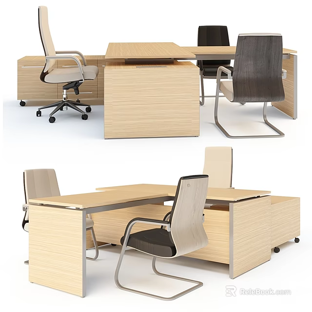Modern Home Office Desk and Chair Set with Wooden Table and Ergonomic Chairs 3d model 