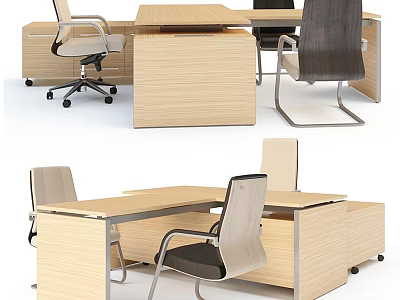 Modern Home Office Desk and Chair Set with Wooden Table and Ergonomic Chairs 3d model