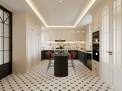 Elegant French Style Kitchen Interior With Central Dining Island And Classic Black White Patterned Flooring 3d model