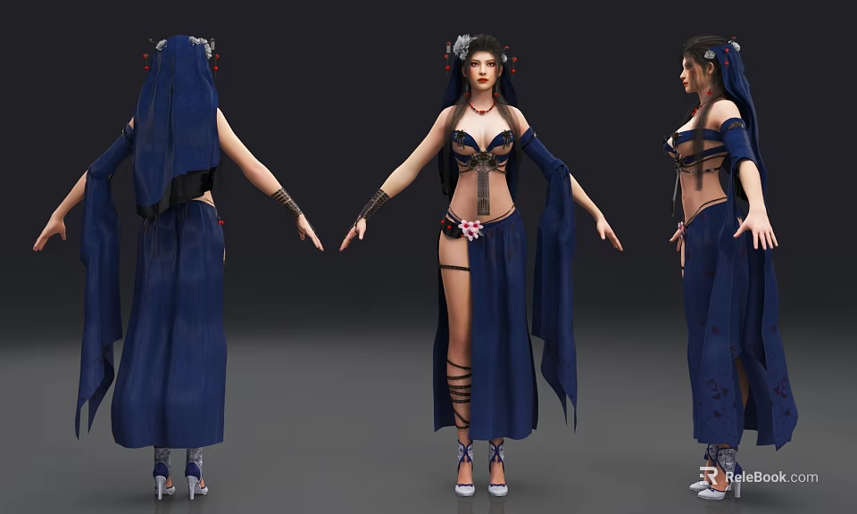 Woman Wearing Blue Robe With Decorative Costume And High Heels Displayed From Three Angles 3d model 