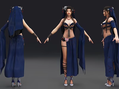 Woman Wearing Blue Robe With Decorative Costume And High Heels Displayed From Three Angles 3d model