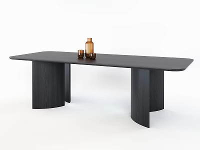 Modern Black Wooden Dining Table With Cylindrical Legs Topped With Brown Bottle And Small Cup 3d model