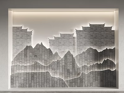 Traditional Chinese Background Wall Design With Illuminated Mountain And Architectural Patterns 3d model