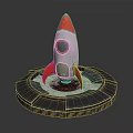 Space Rocket Model with Red Tip Silver Body on Circular Launch Pad and Warning Stripe