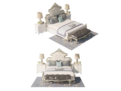 Elegant Double Bed With Ornate Headboard Nightstands Table Lamps And Patterned Rug 3d model