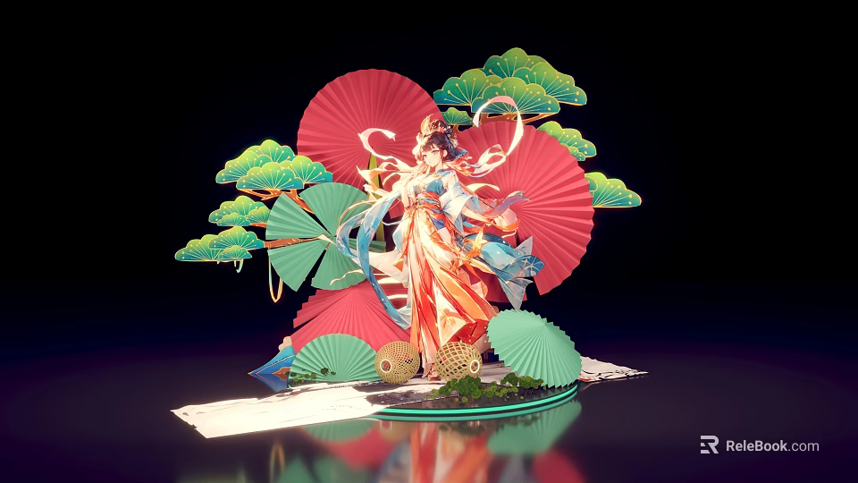 Ancient Style Photo Check In Spot with Red Fans Green Pine Trees and Artistic Decorations 3d model 