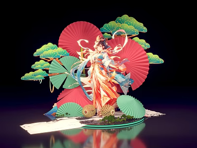 Ancient Style Photo Check In Spot with Red Fans Green Pine Trees and Artistic Decorations 3d model