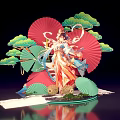 Ancient Style Photo Check In Spot with Red Fans Green Pine Trees and Artistic Decorations