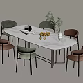 Elegant White Marble Dining Table Set With Metal Legs And Green Brown Curved Back Chairs