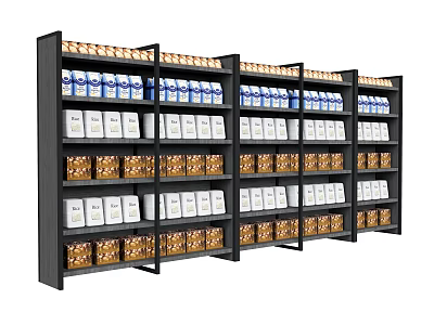 Black Display Shelves With Multiple Layers Organized Holding Various White And Brown Packages 3d model