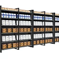 Black Display Shelves With Multiple Layers Organized Holding Various White And Brown Packages