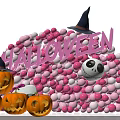 Halloween Themed Inflatable Decoration With Witch Hat Skull And Pink White Balloons