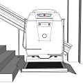 Outdoor Wheelchair Lift Attached to Staircase With Wooden Deck and White Metal Frame
