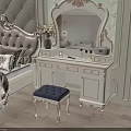 Ornate White Dressing Table in Classic Bedroom with Mirror Vase and Blue Cushioned Stool