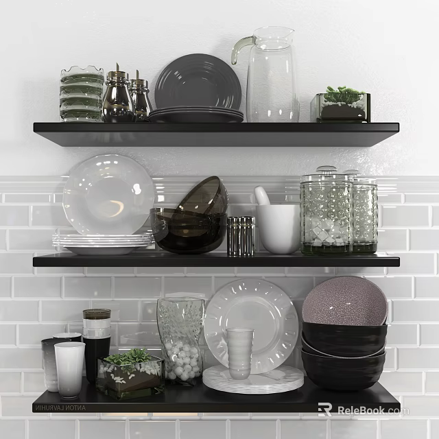 Kitchen Tableware Set Arranged on Black Shelves with Plates Bowls Glass Jars and Green Plants 3d model 