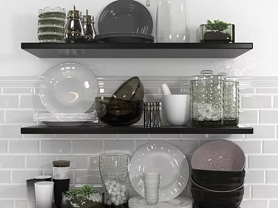 Kitchen Tableware Set Arranged on Black Shelves with Plates Bowls Glass Jars and Green Plants 3d model