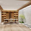 Modern Zen Tea Room With Wooden Shelves Tea Table Plants And Stone Path