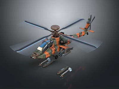 Military Attack Helicopter With Camouflage Paint Rotors And Missile Armament 3d model