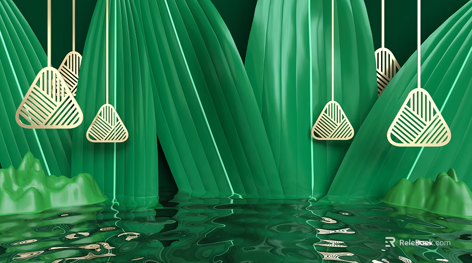 Large Green Tropical Leaves With Golden Geometric Decorations And Water Reflection 3d model 