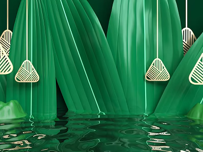 Large Green Tropical Leaves With Golden Geometric Decorations And Water Reflection 3d model