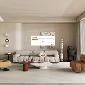 Modern Living Room Interior With Light Gray Sofa Yellow Rocking Chair And Wall Painting