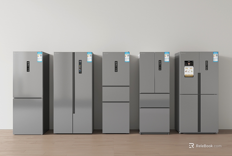 Gray Refrigerators and Freezers in Various Styles Arranged Against White Wall on Wooden Floor 3d model 