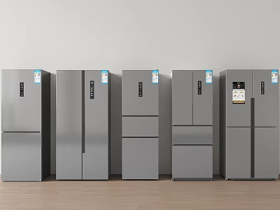 Gray Refrigerators and Freezers in Various Styles Arranged Against White Wall on Wooden Floor 3d model