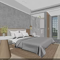 Modern Minimalist Hotel Room Interior With White Bed Floor to Ceiling Window And Green View