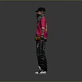 Game Movie Character Wearing Red T-shirt Black Bandana with Tattoos Dark Pants Yellow Fanny Pack
